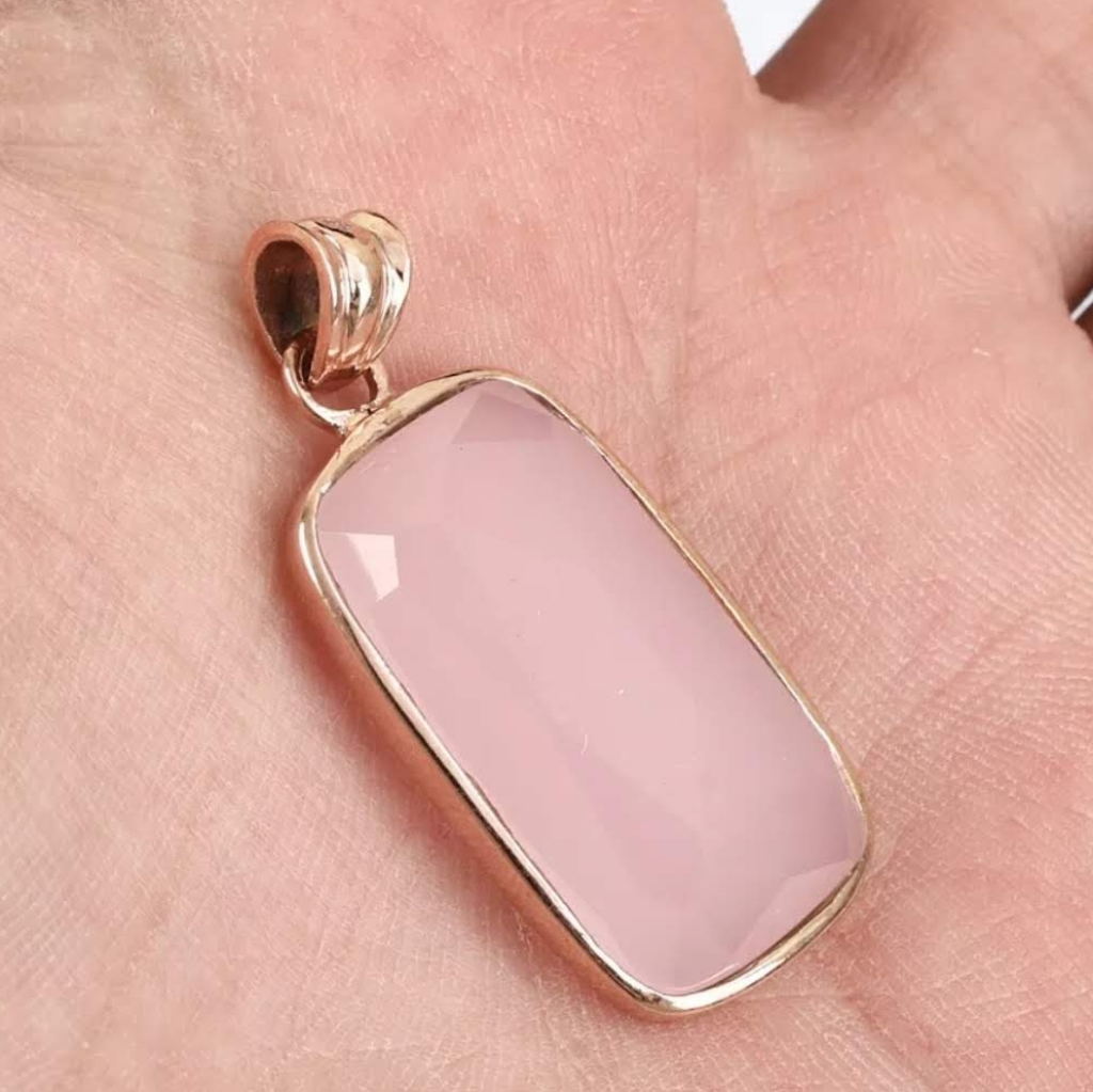 Huge 15k Pink Chalcedony Square Gold Pendant